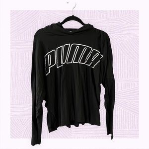 PUMA WOMEN BLACK Puma Logo White Relaxed Comfy Hoodie Sweatshirt Mesh Lining XL